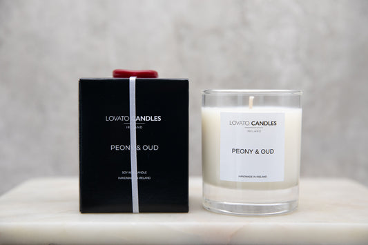 Clear Scented Candle with Luxury Black Box - Peony & Oud