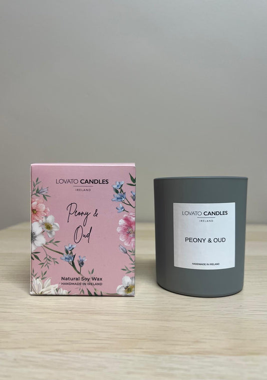 Luxury Grey Scented Candle with Box - Peony & Oud